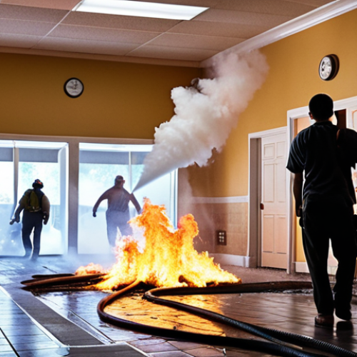 ** A brightly lit room with a sprinkler system activating during a fire. Smoke is visible, but the flames are being suppressed by the water. Show a diverse group of people calmly evacuating following marked exit signs.

**