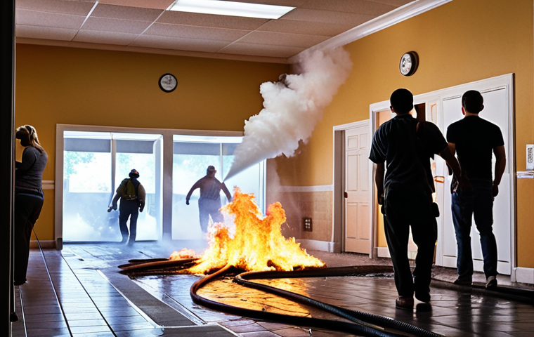 ** A brightly lit room with a sprinkler system activating during a fire. Smoke is visible, but the flames are being suppressed by the water. Show a diverse group of people calmly evacuating following marked exit signs.
**